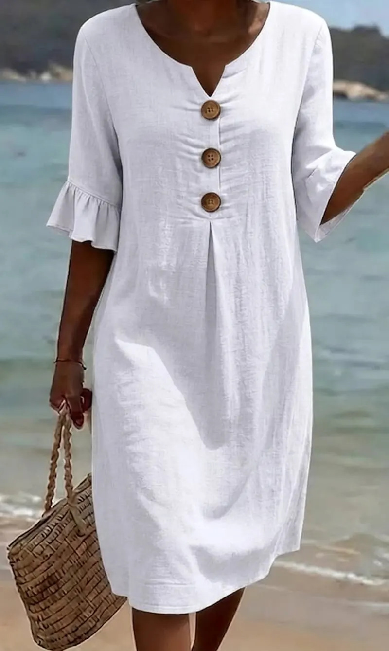 Women's buttoned ruffled sleeve cotton-linen dress